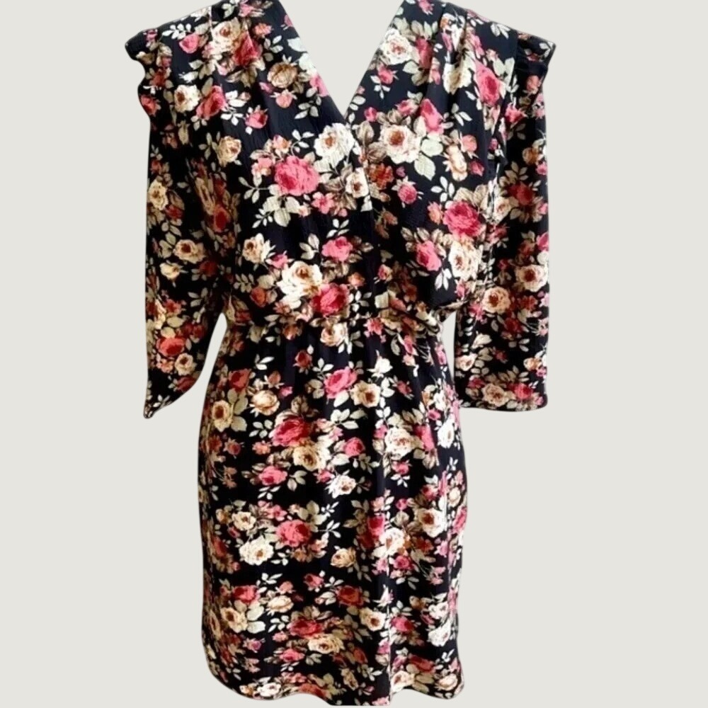 Fraiche By J Floral Ruffle Sleeve Faux Wrap Mini Dress Black Pink Medium NWOT